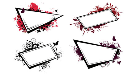 Set of four grunge-style frames in angular shapes with dark red and purple paint splatters swirls and butterflies.