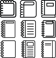 Collection of simple line art notebook and spiral bound journal icons