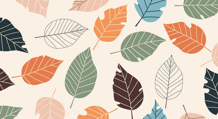 Obraz premium Seamless pattern of stylized autumn leaves in various colors and shapes creating a warm and modern fall season background.