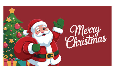 Festive Christmas illustration featuring Santa Claus with a sack standing near a decorated Christmas tree perfect for holiday greeting cards and ban