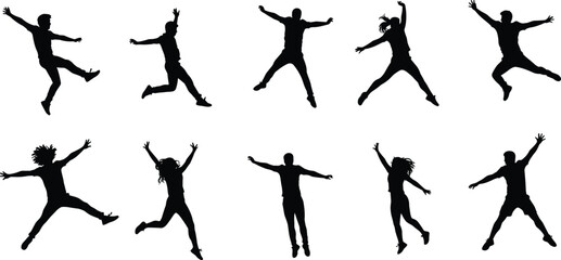 Silhouette of happy people jumping in various energetic poses, expressing freedom, joy, celebration, success, and active lifestyle concept illustration