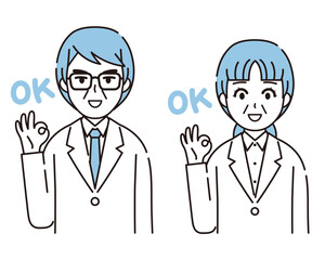 OKサインをする白衣を着た男性と女性のイラスト2