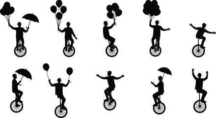 Silhouette of man riding unicycle with balloons and umbrella, circus performer balance act, funny entertainment and street performance concept illustration © Md