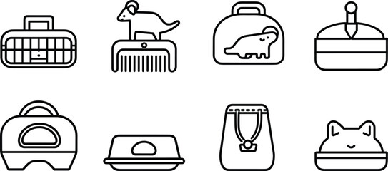 Pet care vector icons set featuring carrier, comb, collar, cat face, food bag, feeding bowl, pet bed and litter scoop, clean outline illustration pack for animal supplies and grooming designs