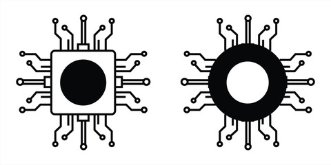 Minimalist computer chip icon set with circuit lines, vector illustration
