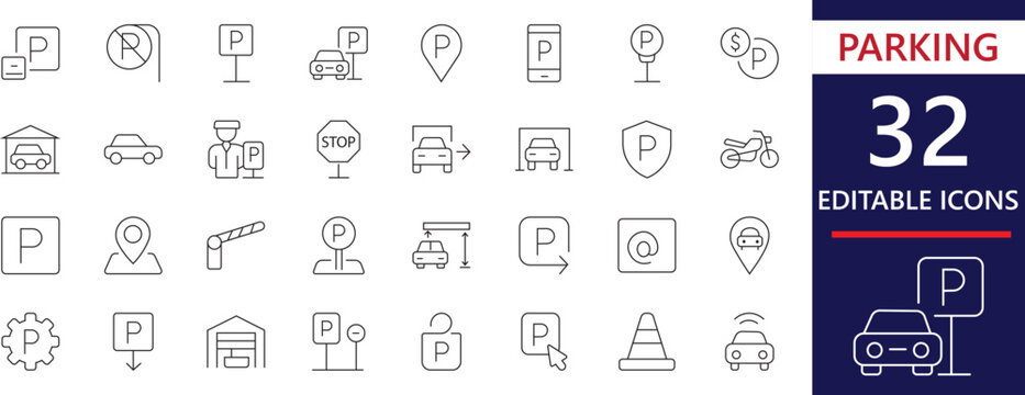 Clean minimal line icons for parking, navigation, traffic signs, car location, parking management, mobile parking apps, and vehicle safety symbols.