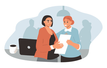 A vector illustration of colleagues helping each other. Two women help each other in the office.