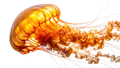 Orange jellyfish pulsating, translucent, against black