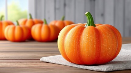 A close-up of a single, vibrant orange pumpkin resting on a textured cloth on a wooden table. Several other pumpkins are visible in the soft-focus background, w