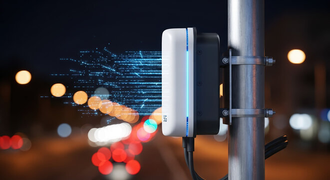 5G networks provide next generation connectivity on city streets at night, offering fast wireless internet.