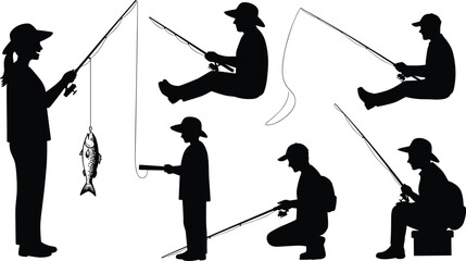 Silhouette of people fishing with rods in various poses, catching fish, outdoor recreation, hobby, and leisure activity concept illustration