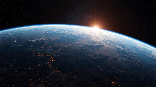 Earth with the sun and moon in the vast space atmosphere