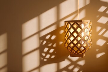 Soft geometric shadows from Korean wooden lattice lamp