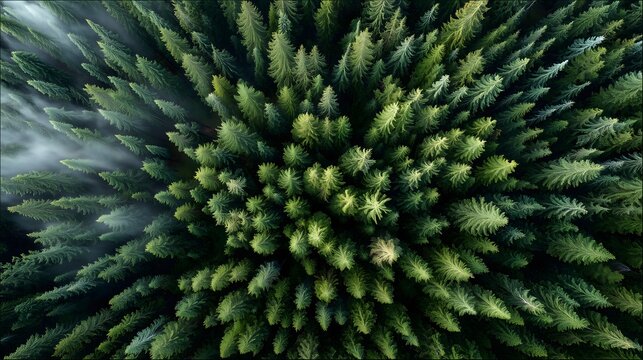 Top-down view of dense evergreen forest with morning mist