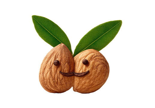 Two adorable cartoon nuts with leaves as ears, smiling happily
