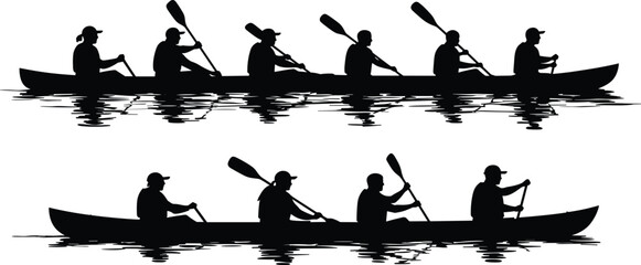 Silhouette of people rowing in canoe boats on calm water, teamwork and outdoor adventure concept with reflection and paddling activity