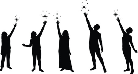 Fototapeta premium Silhouette of people reaching for stars symbolizing dreams, ambition, and hope, inspirational concept of success, motivation, and imagination