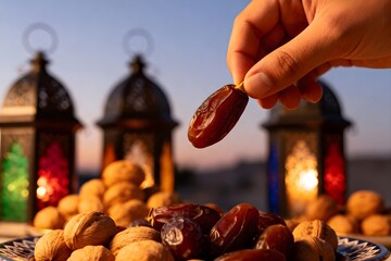 Der Ramadan-Moment (Kulturelles Fest) - Ein intimer Moment des Fastenbrechens (Iftar) oder der Vorbereitung, der die Atmosphäre und die Textur der Tradition einfängt