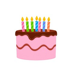 Pink birthday cake with chocolate frosting and colorful candles