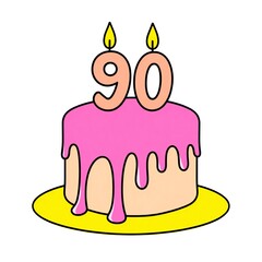 Pink frosted birthday cake with ninety candles and drippy icing