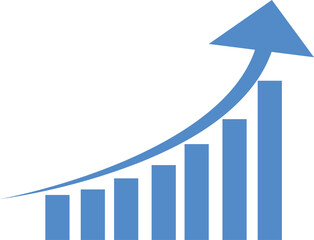 Blue bar graph shows upward trend and growth arrow