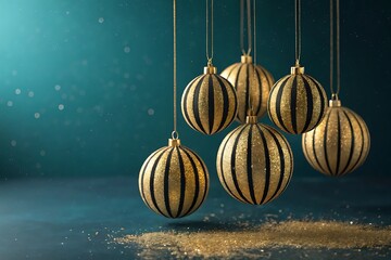 Elegant gold and black striped christmas ornaments on teal background.