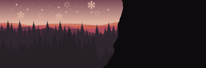 Panoramic winter landscape vector background with blue mountains and a snowy pine forest.