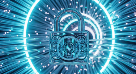 Conceptual data privacy with glowing padlock surrounded by fiber optic cables. Data privacy becomes more important with rise of cybercrime and digital threats. Data privacy secures sensitive data,
