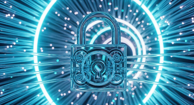 Conceptual data privacy with glowing padlock surrounded by fiber optic cables. Data privacy becomes more important with rise of cybercrime and digital threats. Data privacy secures sensitive data, - Powered by Adobe