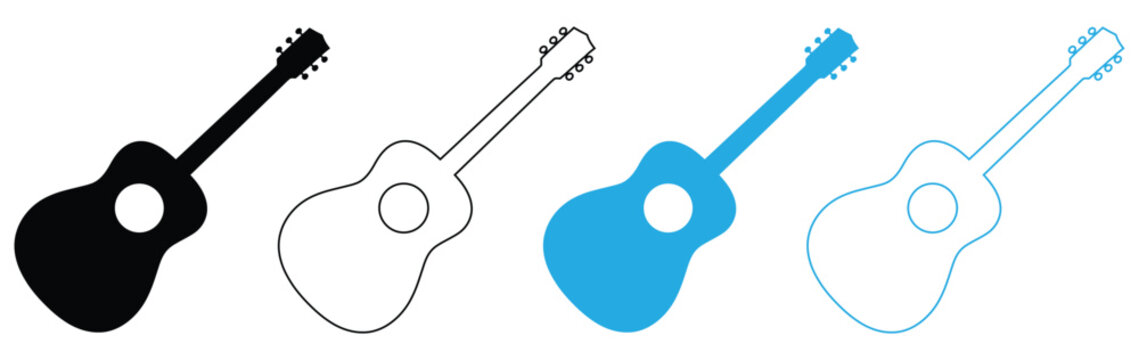 Acoustic guitar icons in black, white, and blue color variations,Guitar icon isolated Guitar silhouettes icons. Design for web and mobile app. Vector illustration isolated on white background