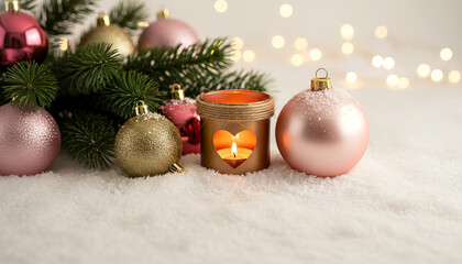 Gold Heart Candle with Pink Ornaments on Snow, Cozy Christmas Still Life