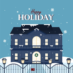 Merry Christmas and Happy New Year card. Holiday background with winter scene.