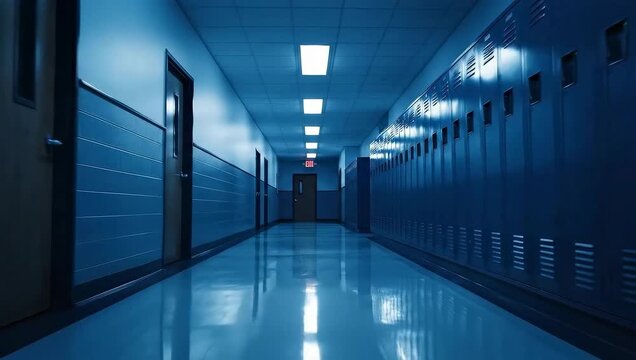 Empty Dark Blue School Hallway With Rows Of Lockers And Fluorescent Lights Reflecting On Floor