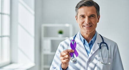 Epilepsy Awareness Month focuses on medical support, doctor holds purple ribbon. Professional doctor wearing a white coat shows epilepsy awareness ribbon, representing Epilepsy Awareness Month.