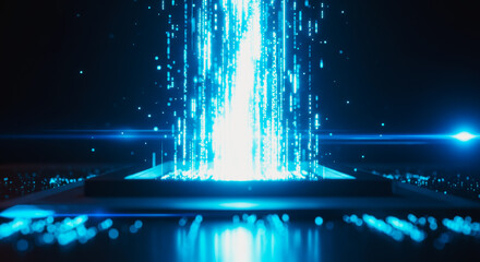 Dynamic digital stream of data, visualized with vibrant blue beams of light emanating from a central point, symbolizing the flow of information.