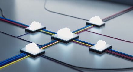 A futuristic, interconnected digital landscape with glowing cloud icons, representing a network of information and data transfer, highlighting concepts of innovation and technological advancement.