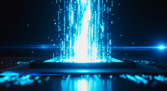 Dynamic digital stream of data, visualized with vibrant blue beams of light emanating from a central point, symbolizing the flow of information. 