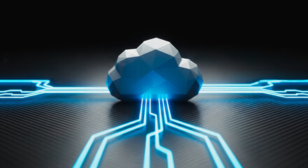 A futuristic digital cloud seamlessly integrates with a complex network of illuminated circuits, offering a compelling visual of the interconnected world of modern technology. 