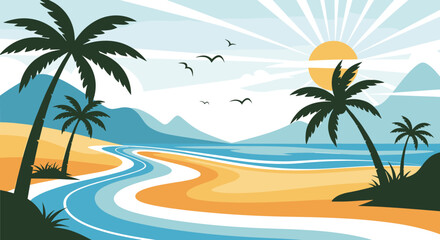 Obraz premium Beautiful tropical beach landscape with palm tree silhouettes a winding river and mountains under a bright shining sun.