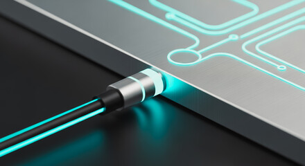 A glowing fiber optic cable connected to a futuristic circuit board, showcasing the convergence of technology and innovation, illuminated with a vibrant light.