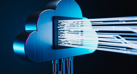 A futuristic cloud computing concept with streams of data emanating from a stylized cloud graphic, symbolizing the vastness and interconnectedness of modern digital infrastructure. 