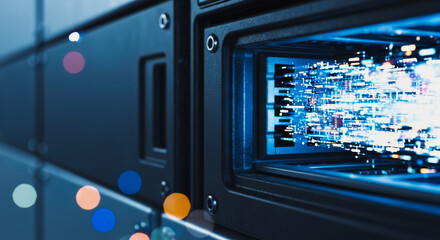 Modern Data Server with Futuristic Illuminated Technology - Close-up on the intricate inner workings of a server, with digital streams of data.