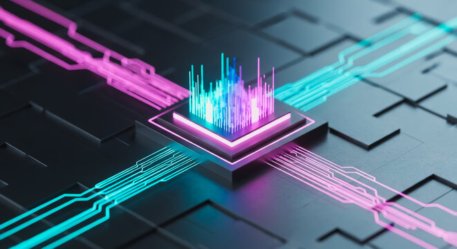 A futuristic computer chip, illuminated with vibrant neon lights, symbolizing the intricate world of technology and data processing. 