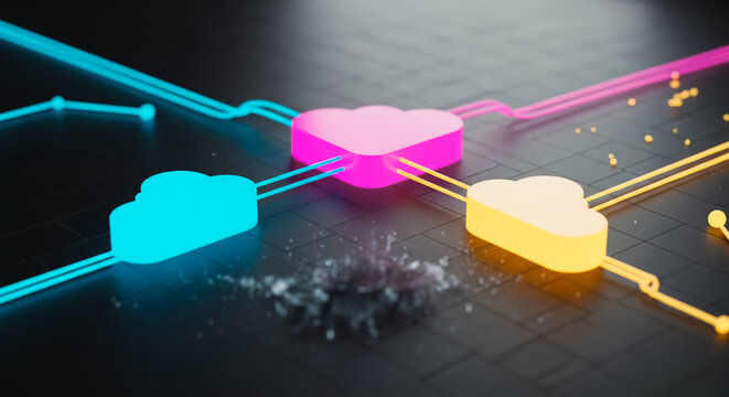 A vibrant visual of cloud computing, with glowing cloud icons, representing a network of digital data transfer. - Powered by Adobe