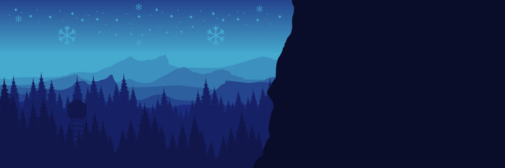 Panoramic winter landscape vector background with blue layered mountains and clean white snow.