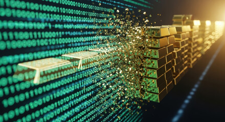 Blockchain concept with digital gold bars merging from binary code stream. Blockchain technology empowers financial sector with data security and value transfer.