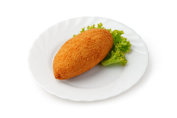 Crispy golden croquette served on a white plate with fresh lettuce garnish