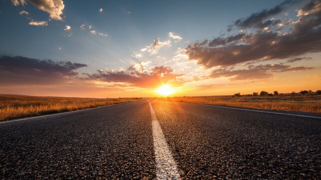 A long stretch of an empty road leads into the horizon as the sun sets casting warm hues across the sky with contrasting clouds. The scene captures quiet beauty in nature.