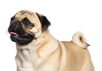 Adorable pug dog portrait, cute canine breed with wrinkled face and curly tail, pet animal photography, isolated on transparent background