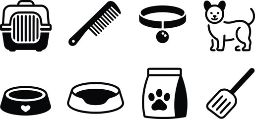 Pet care vector icons set with carrier, comb, collar, dog silhouette, food bowls, pet food bag and litter scoop, bold black outline illustration pack for grooming, feeding and animal supplies